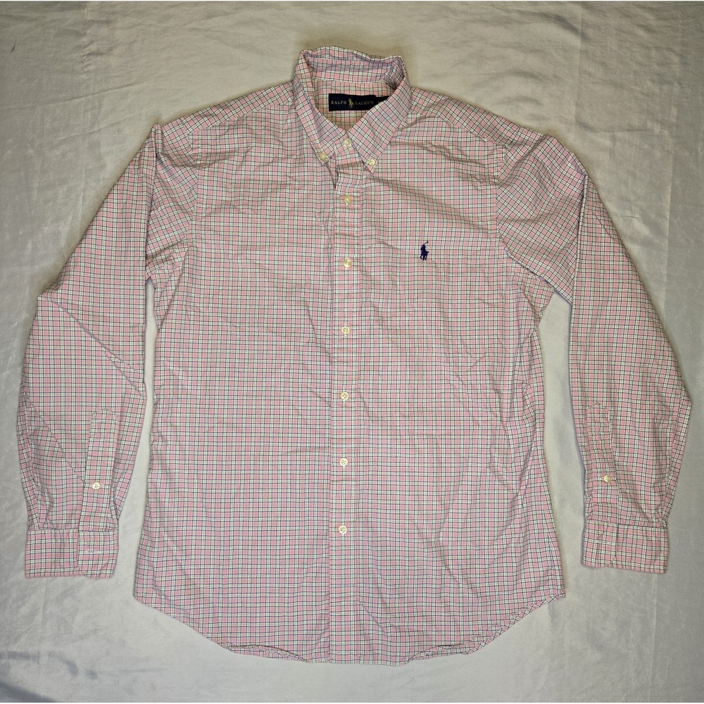 Ralph Lauren Shirt Mens Medium Pink Blue‎ Check Plaid Button Down Cotton Pony